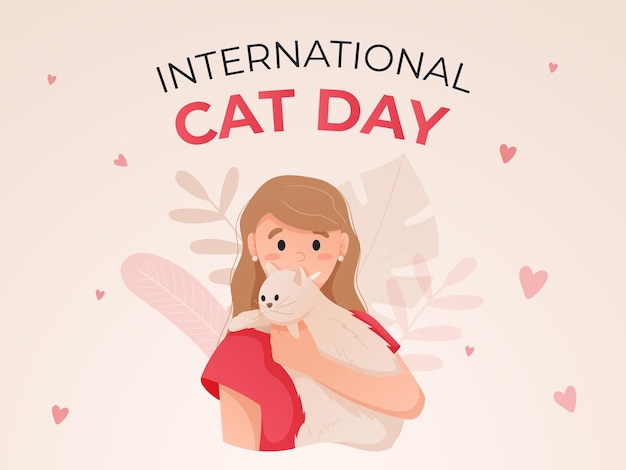 International holiday cat day cartoon isolated vector girl holding a cute kitten in her arms