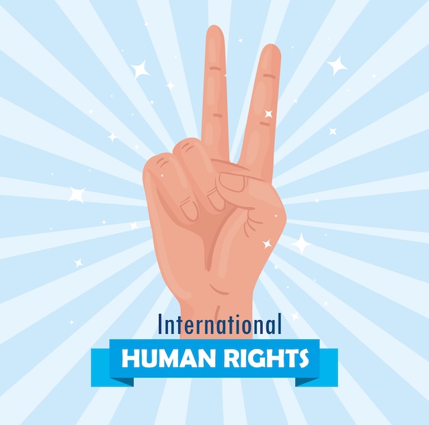 Vector international human rights lettering poster with hand peace and love signal illustration design