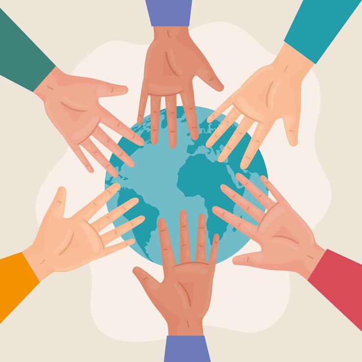 Vector international human rights poster with interracial hands around of world illustration design