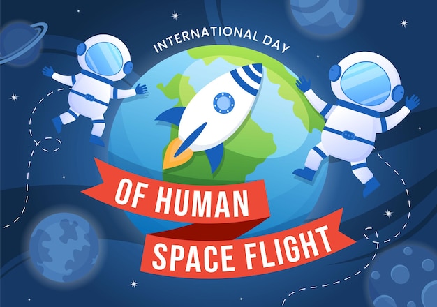 International Human Space Flight Day Illustratie met raket en astronaut in handgetekende sjablonen