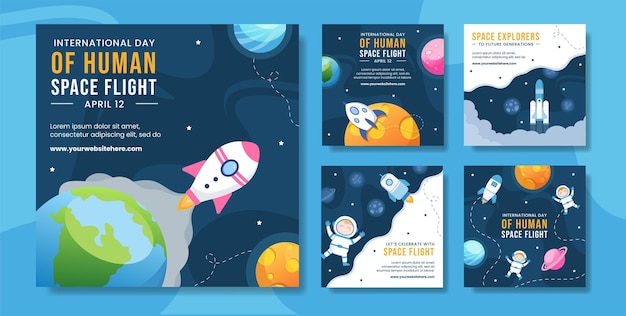 International Human Space Flight Day Social Media Post Cartoon Hand Drawn Templates Illustration