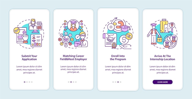 international internship procedure onboarding mobile app page screen. submission walkthrough 4 steps graphic instructions with concepts. ui, ux, gui vector template with linear color illustrations