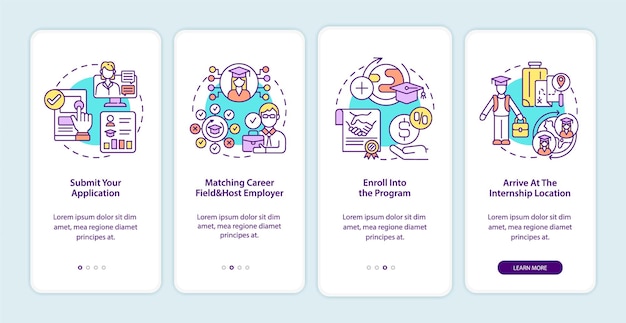 Schermata della pagina dell'app mobile della procedura di tirocinio internazionale. presentazione dettagliata 4 passaggi istruzioni grafiche con concetti. modello vettoriale ui, ux, gui con illustrazioni a colori lineari