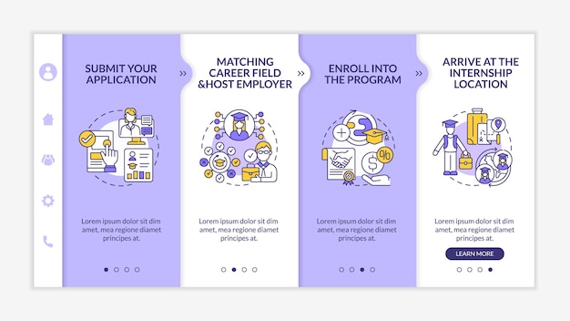 국제 인턴십 절차 온보딩 벡터 템플릿입니다. 아이콘이 있는 반응형 모바일 웹사이트입니다. 웹 페이지 연습 4단계 화면. 선형 일러스트레이션으로 프로그램 색상 개념 등록