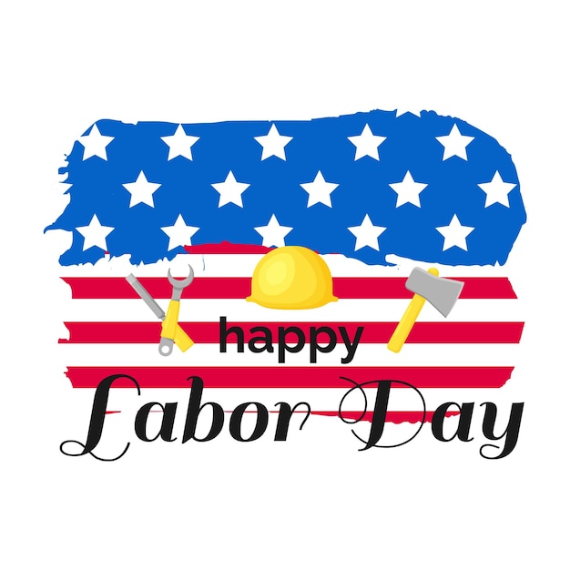 Vector international labor day horizontal celebration with american flag work tools and worker's hard hat