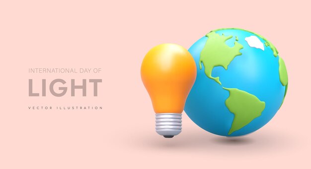 International Light Day Vector concept of energy saving Huge yellow light bulb near Earth Poster with place for text 3D illustration in modern style