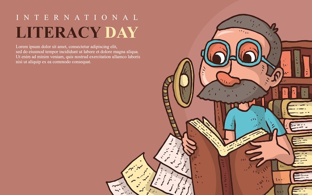 Вектор Баннер международного дня грамотности со стариками, читающими книжную иллюстрацию
