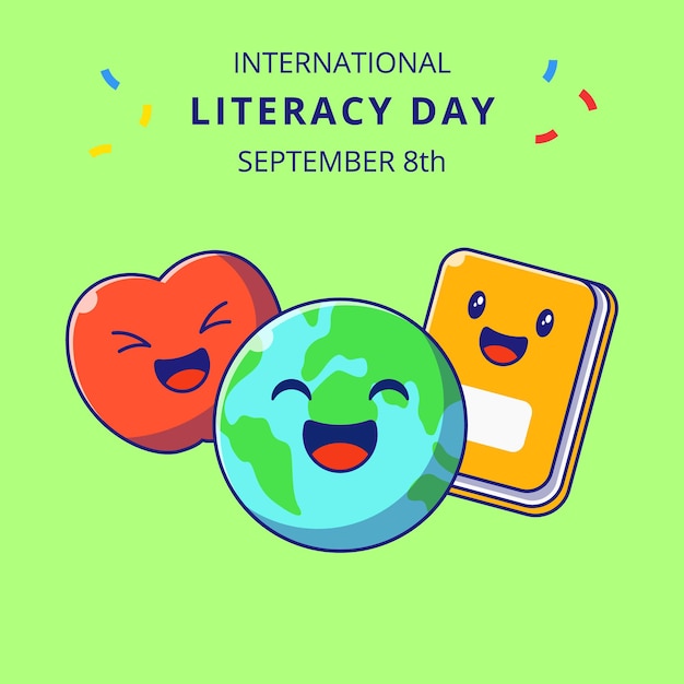 International literacy day cute earth and book cartoon illustrations. education mascot characters.