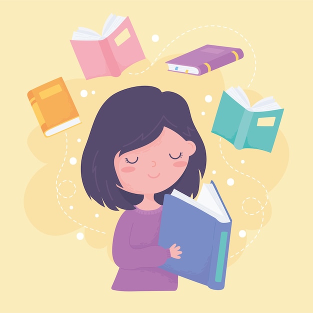 international literacy day, girl reading textbook and books edcucation