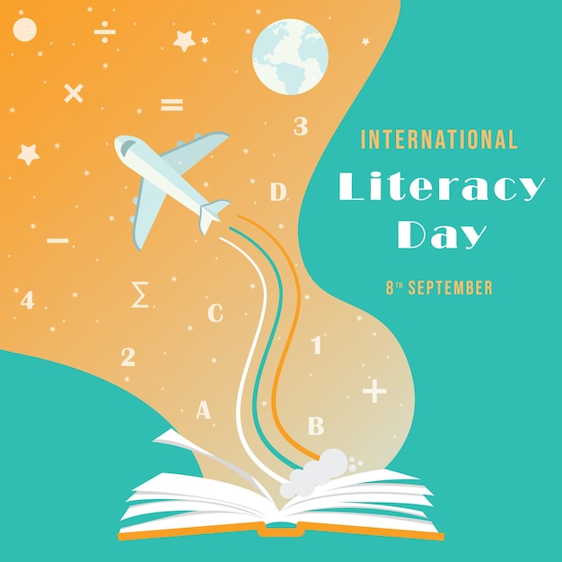 International Literacy Day greeting card illustration of open book with pastel color