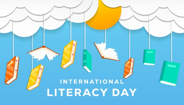 International literacy day hanging books on cloud in cut paper style