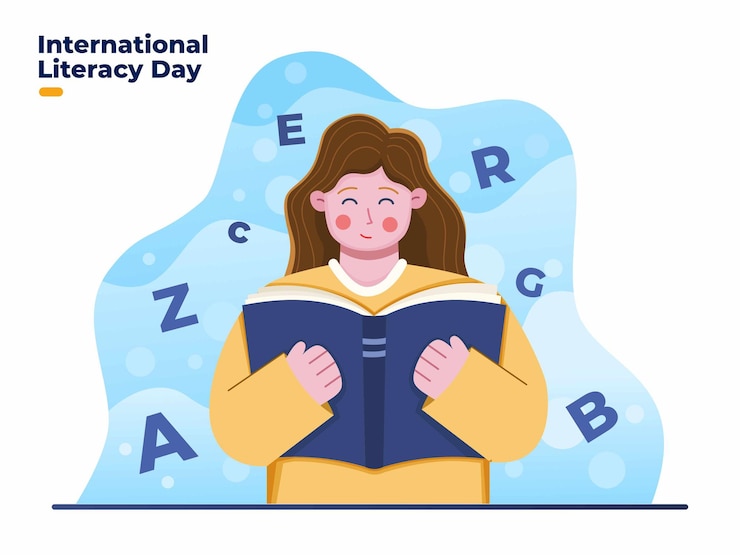Vector international literacy day illustration with happy woman reading the book