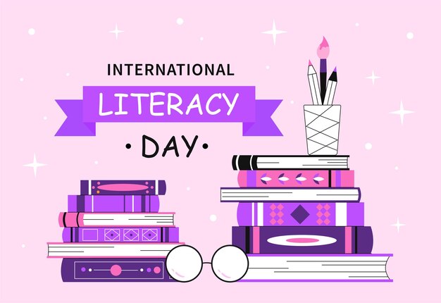 Международный день грамотности концепция стопка книг с очками и канцелярскими принадлежностями любовь к