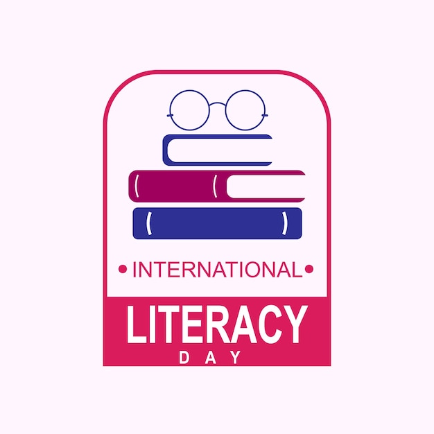 Vector international literacy day vector illustration of books with glasses and text