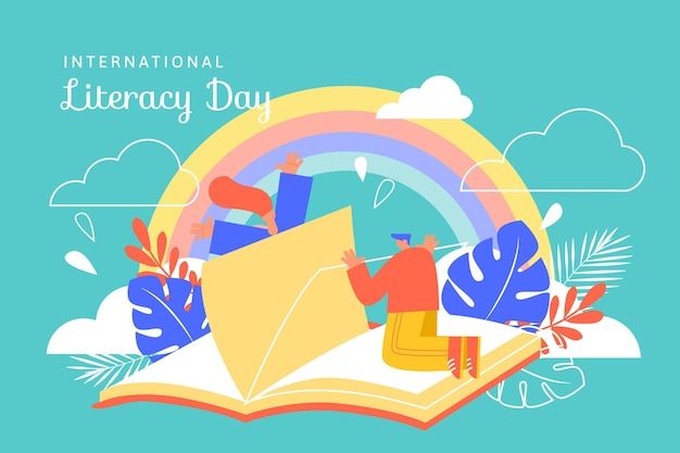 Вектор Международный день грамотности с книгой и радугой