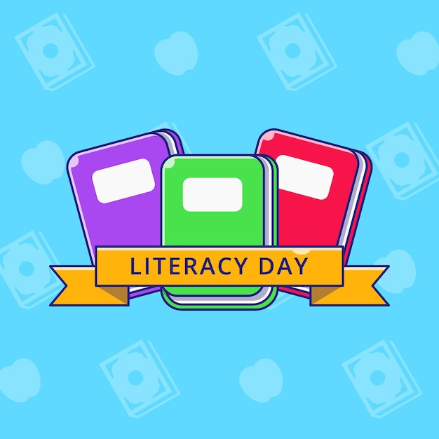 International literacy day with books and ribbon flat illustration.