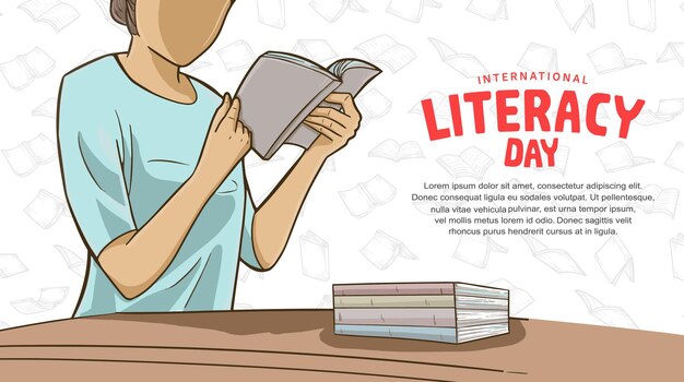 Giornata internazionale dell'alfabetizzazione con libro di lettura donna colorato isolato su sfondo bianco