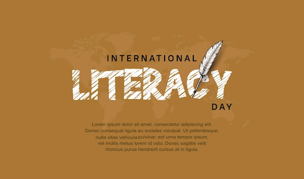 Vector international literacy day with feather pen isolated on brown background