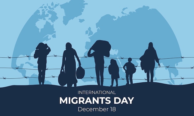 Giornata internazionale dei migrantibanner con silhouette di migrantiillustrazione vettoriale