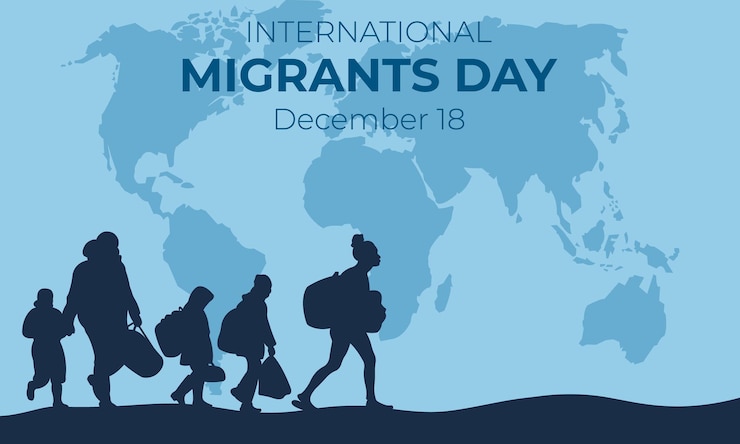 Vector international migrant dayhorizontal banner with migrant silhouettesvector illustration