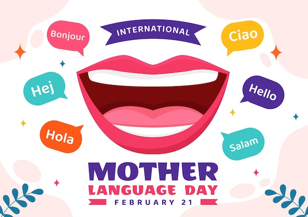 Vector international mother language day vector illustration with mom says hello in several world languages