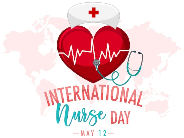 Vettore logo della giornata internazionale dell'infermiera con grande cuore e berretto da infermiera su sfondo di mappa del mondo