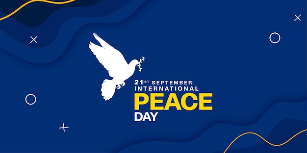 Плакат празднования Международного дня мира с летающим голубем и вектором кривого дизайна листьев