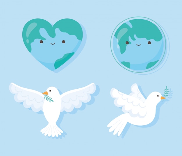 Vector international peace day dove with leaf lgobe shape heart map vector illustration