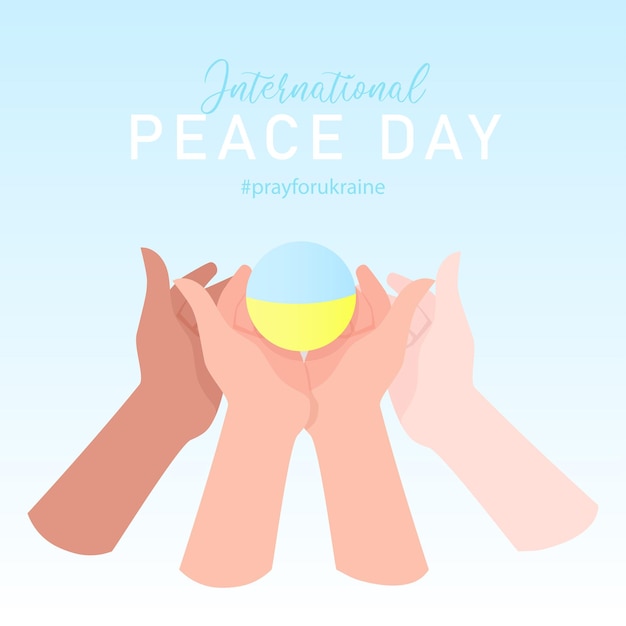 International peace day Hands of different skin colors with a balloon flag of Ukraine in the middle