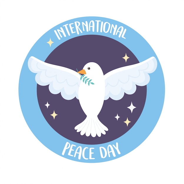 International peace day white dove holding branch in flying vector illustration