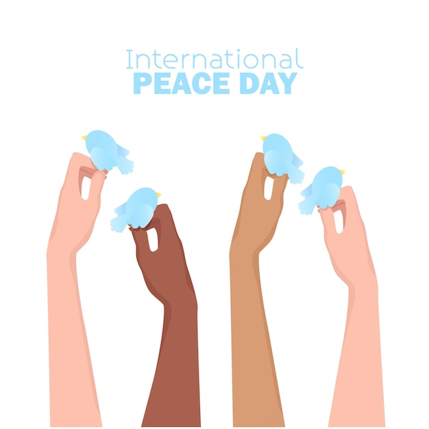 International peace day Women's hands of different skin colors hold blue doves