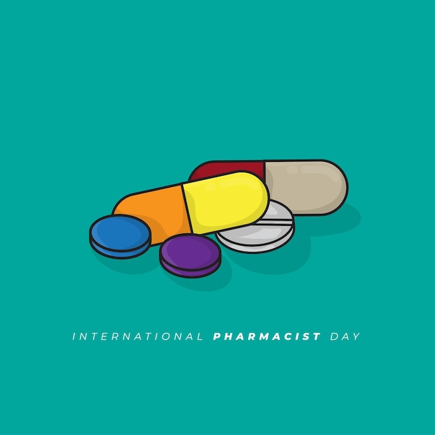 International Pharmacist day design with medicines in cartoon design