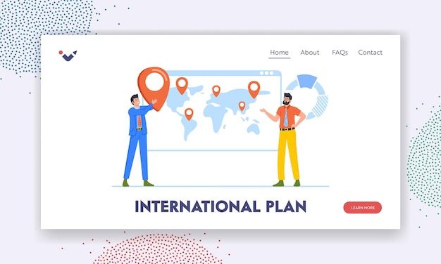 International Plan Landing Page Template Office Employees Stand at Map Discussing Work Issues Marketing Research