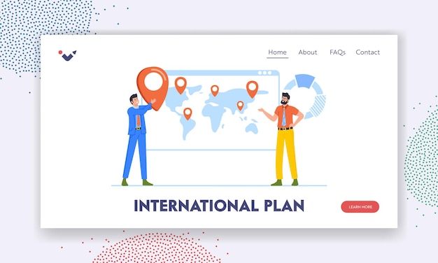 国際的な計画のランディング ページ テンプレート オフィスの従業員がマップに立ち、仕事上の問題について話し合う マーケティング リサーチ