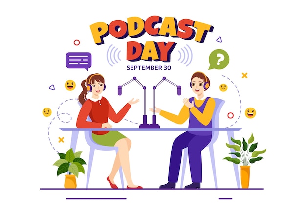 International Podcast Day Vector Illustration with Broadcasting Studio Tools to Event Livestream