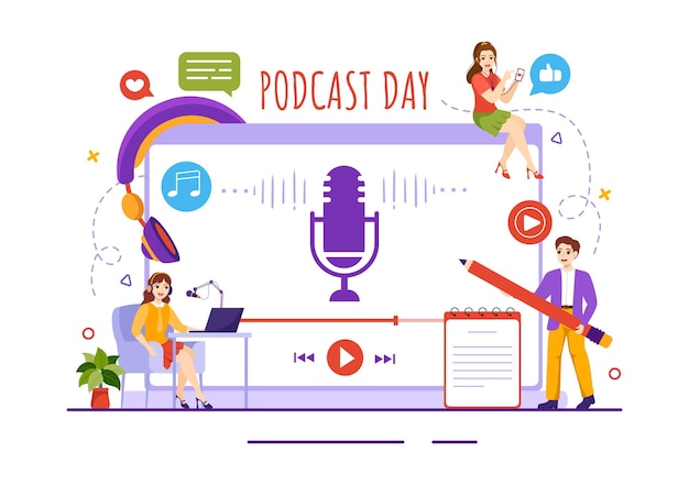 Illustrazione vettoriale della giornata internazionale del podcast con gli strumenti di broadcasting studio per l'evento livestream