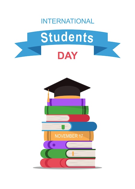 International Students Day vector banner Flat stack of books and square academic cap