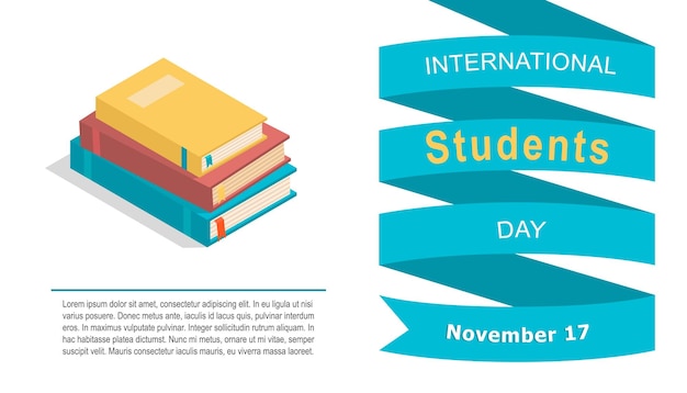 국제 학생의 날 벡터 배너 책의 아이소메트릭 스택 및 텍스트를 위한 장소