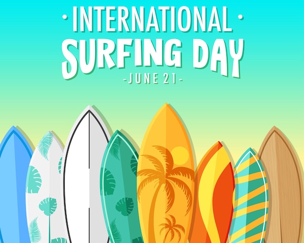 International Surfing Day-banner met veel surfplanken