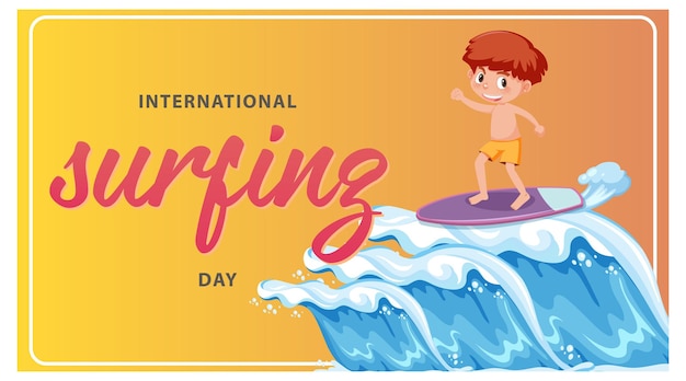 Banner della giornata internazionale del surf con un personaggio dei cartoni animati di un ragazzo surfista