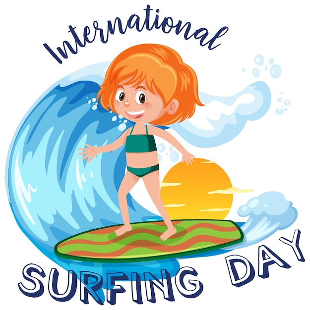 International Surfing Day font with a girl surfing cartoon character