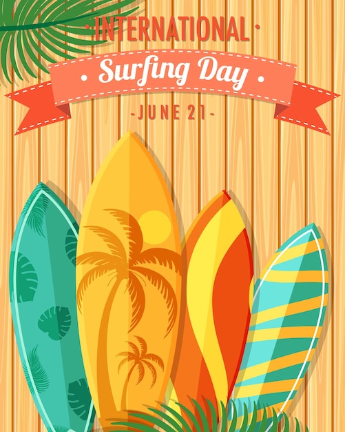Vettore carattere della giornata internazionale del surf con molte tavole da surf su fondo in legno