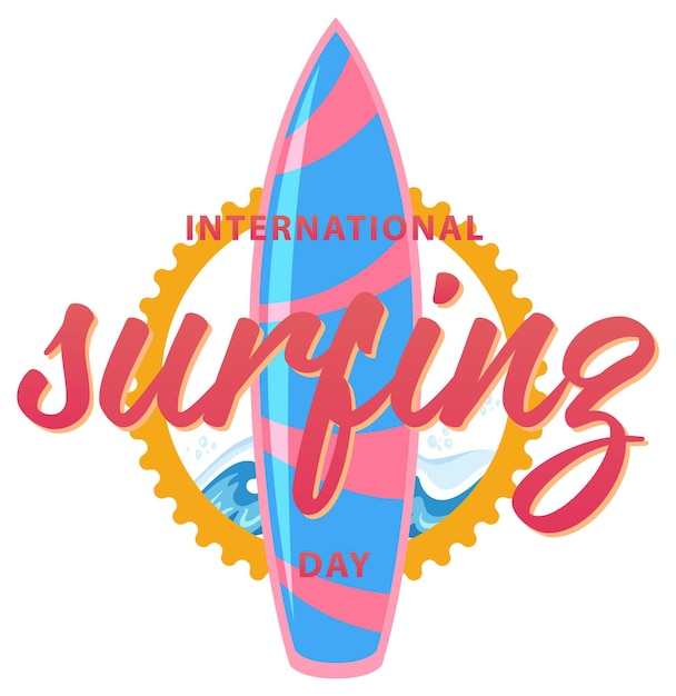 Шрифт Международного дня серфинга с изолированным баннером доски для серфинга