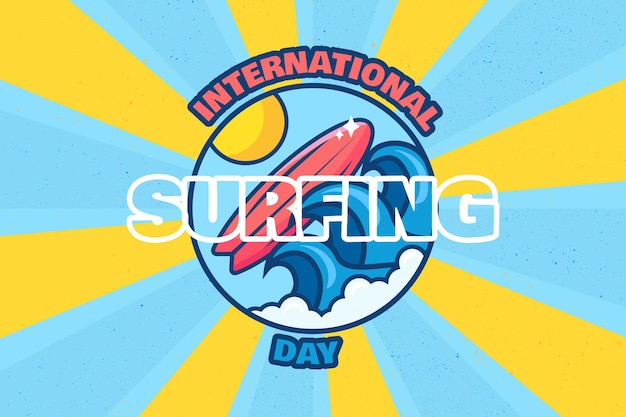 International surfing day retro banner design. summer surf event party and celebration placard in retro style. 20 june holiday, tropical active vacation and hawaii water activity. vector illustration