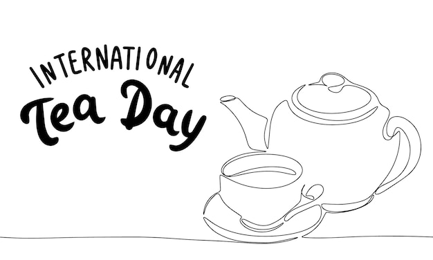 International Tea Day banner Line art tea and teapot Hand drawn vector art