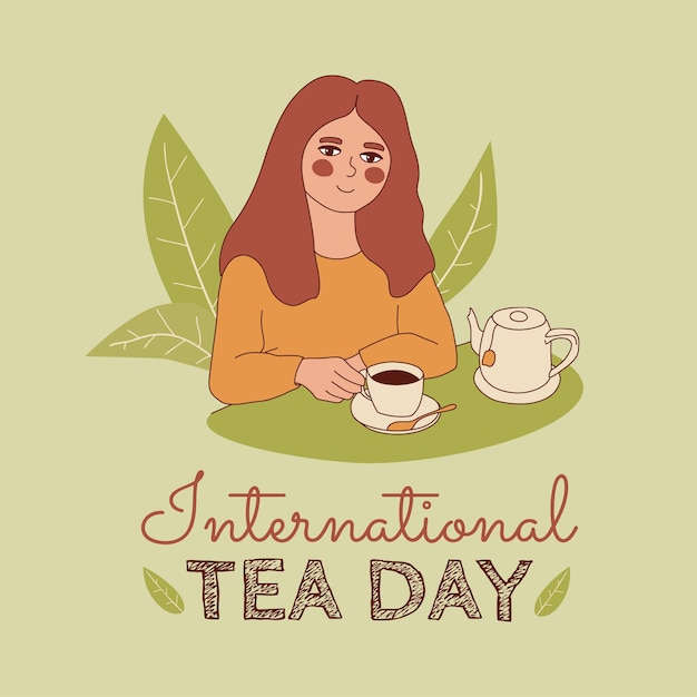 International tea day doodle concept Cute girl drinking tea Woman with cup of tea and teapot