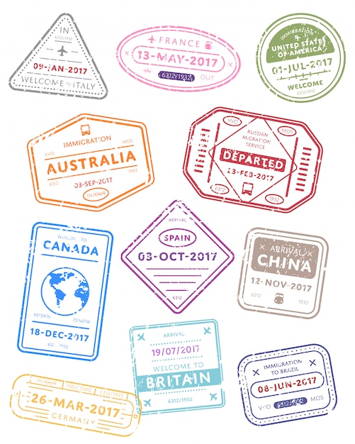 International travel visa stamps.