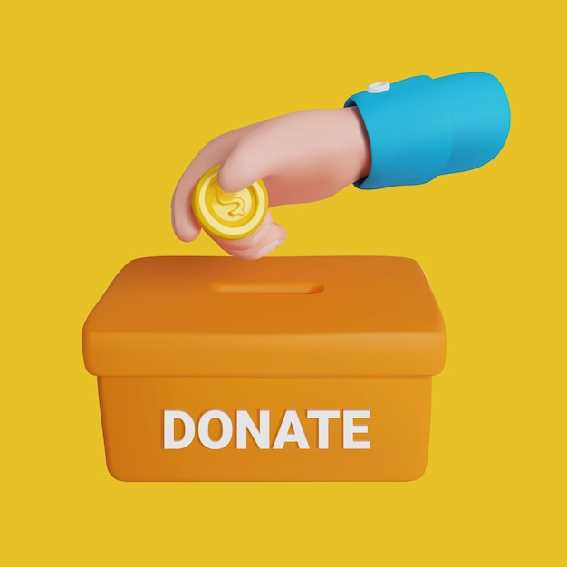 Vector international volunteer day hand putting coin in donate box financial support 3d render vector