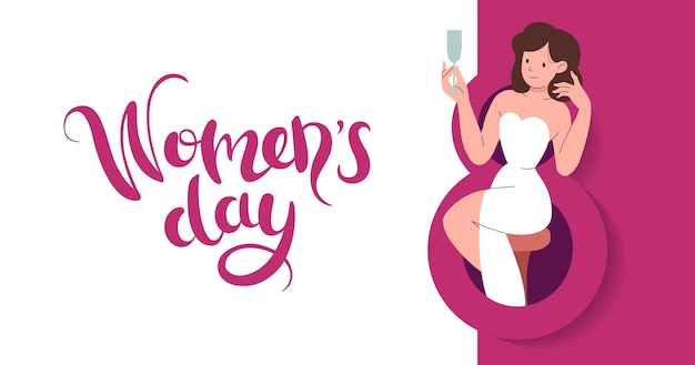 international women day banner girl with glass of champagne invitation with number 8 paper cut