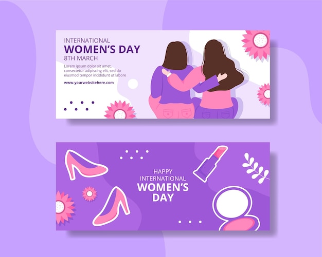 International Women Day Horizontal Banner Flat Cartoon Hand Drawn Templates Illustration